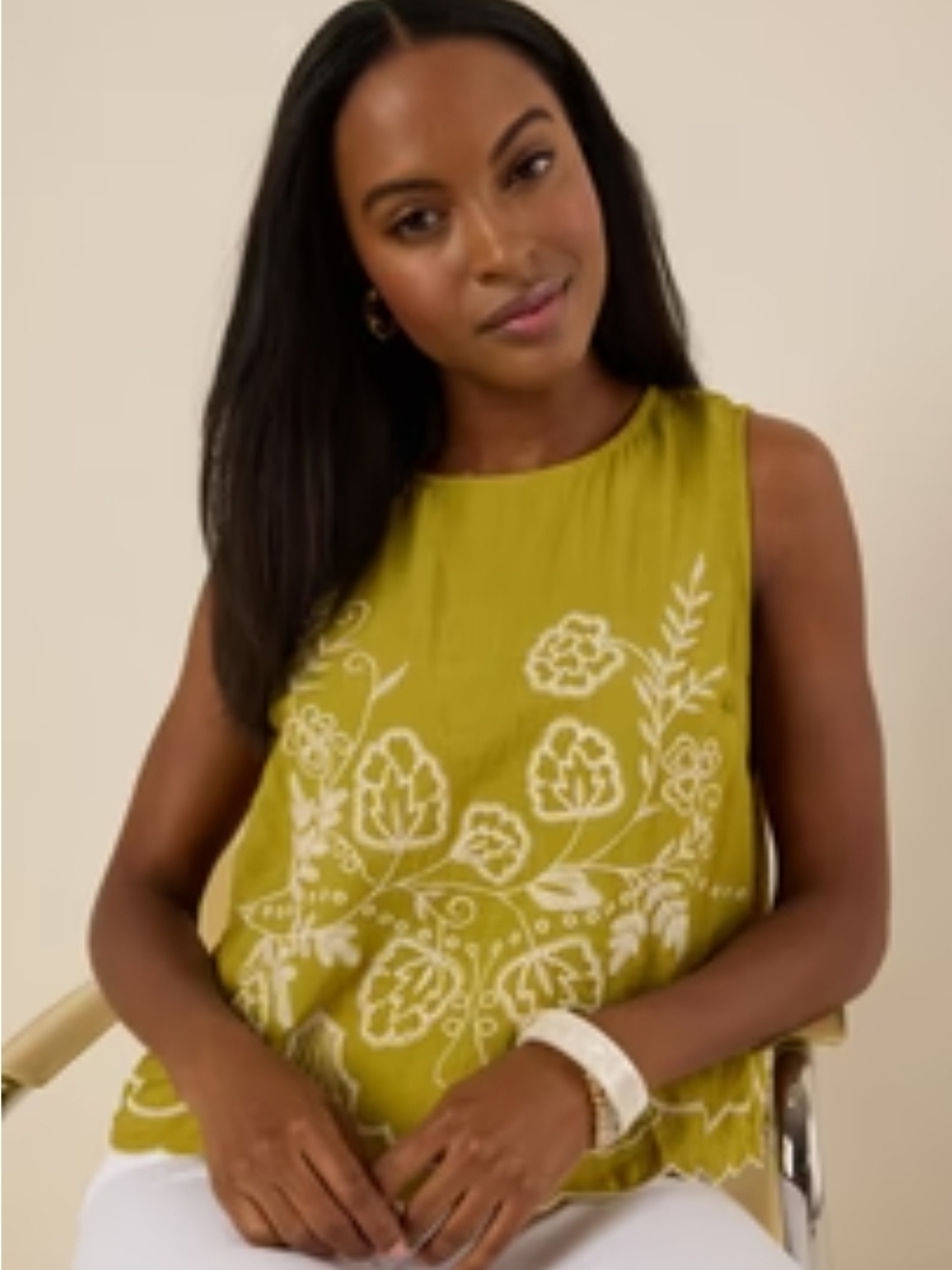 Umgee Olive Green Sleeveless Tank with White Floral Embroidery